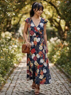 Land of the Free Floral Maxi Dress‎ Womens XS Navy Blue Excellent Wrap High-Low